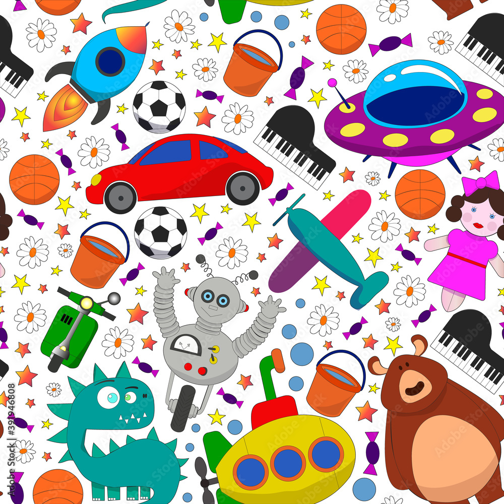 Vector seamless pattern with toys for kids. Car, ufo, alien, airplane, teddy bear. Vector seamless pattern with toys for kids. Car, ufo, alien, airplane, teddy bear.