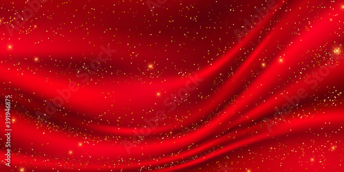 Abstract gradients, fabric red waves banner template background. Golden glitter