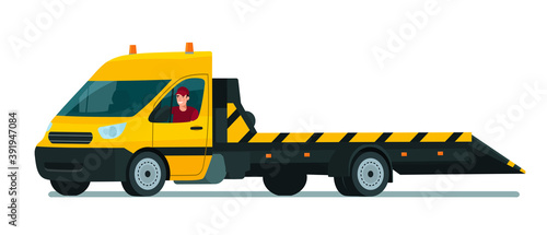 Tow truck with a driver. Vector flat style illustration.