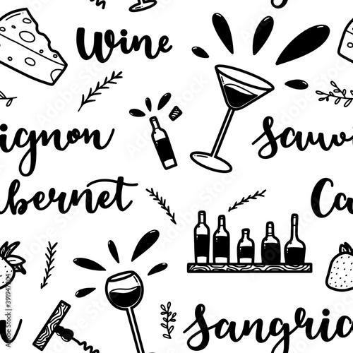 Wine hand drawn seamless pattern with wine glass, cocktail glass, cheese, basil, strawberry and herbs. Design for menu, bar, restaurant or kitchen.