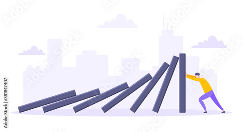Domino effect or business resilience metaphor vector illustration. Adult young man pushing falling domino line business concept of problem solving.