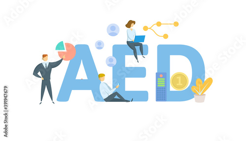 AED, Arab Emirates Dirham. Concept with keywords, people and icons. Flat vector illustration. Isolated on white background.