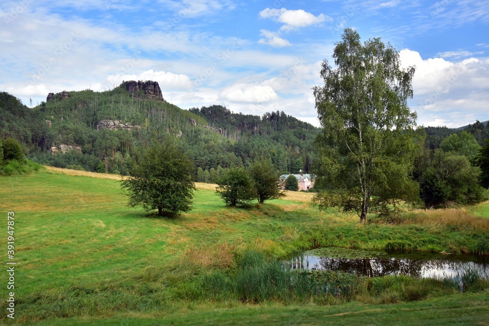 Fototapeta premium Jetrichovice Rocks are a tourist attraction for short or long walks in nature with beautiful views over the area from the top. Bohemian Switzerland, Czech Republic.