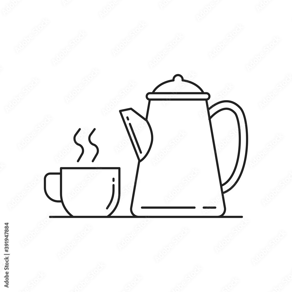 Obraz premium Cup of coffee and kettle line art vector illustration isolated on white background. Coffee linear icon 