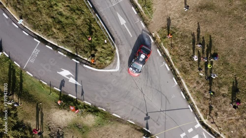 Cluj/ Romania - September 2020: Aerial shot of a sports car race. Transylvania Rally finish line tight curve
