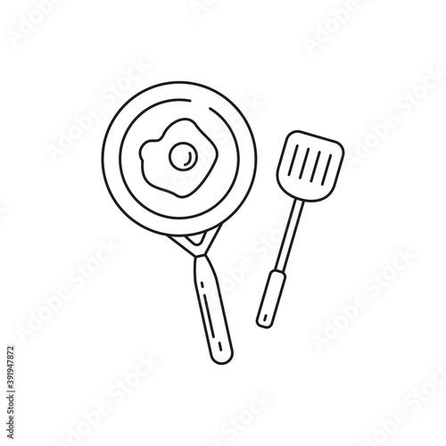 Frying pan with spatula line art vector illustration isolated on white background. Frying pan line icon 
