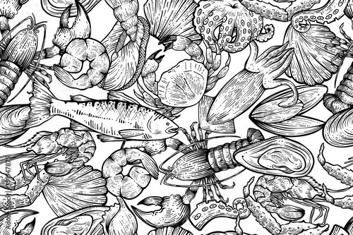 Seafood seamless pattern. hand drawn vector