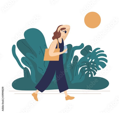 Flat vector illustration of summer hot weather isolated on white background. Young woman in jumpsuit walking in park with tropical plants and wipe off sweat from face. Summertime promenade