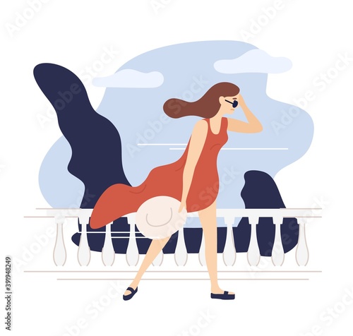Female character walking in windy or stormy weather isolated on white background. Blowing wind flutter womans hair and dress. Vector illustration in flat cartoon style
