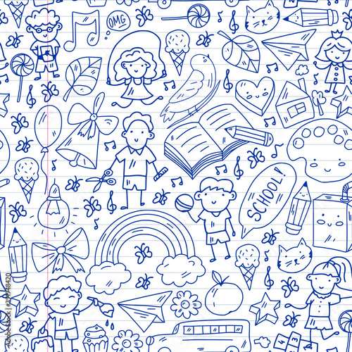 Vector pattern with items for school. Online internet education, e-learning.