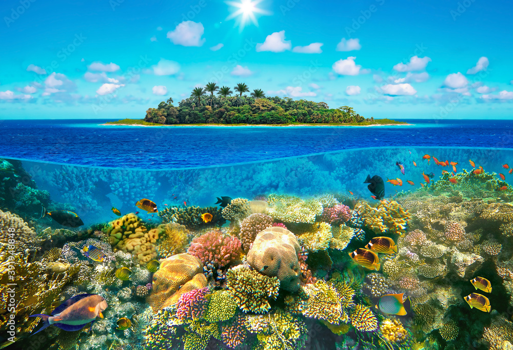 Naklejka premium Beautiful sunny tropical beach on the island paradise in the middle of the sea