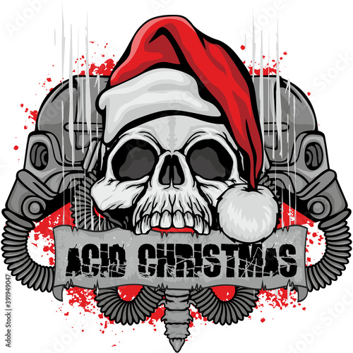 Xmas sign with skull and Santa Claus and gas mask, grunge vintage design t shirts