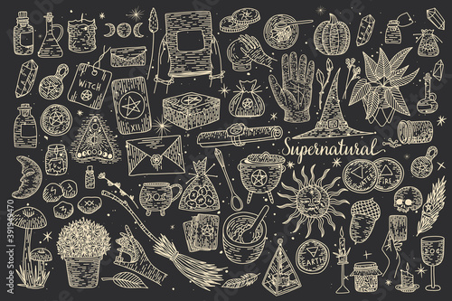 Fototapeta Naklejka Na Ścianę i Meble -  Supernatural magic collection of magical elements. Witch's things, vintage retro engraving style, vector graphics