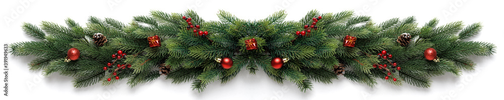 Extra wide Christmas border with fir branches, red balls, pine cones and other ornaments