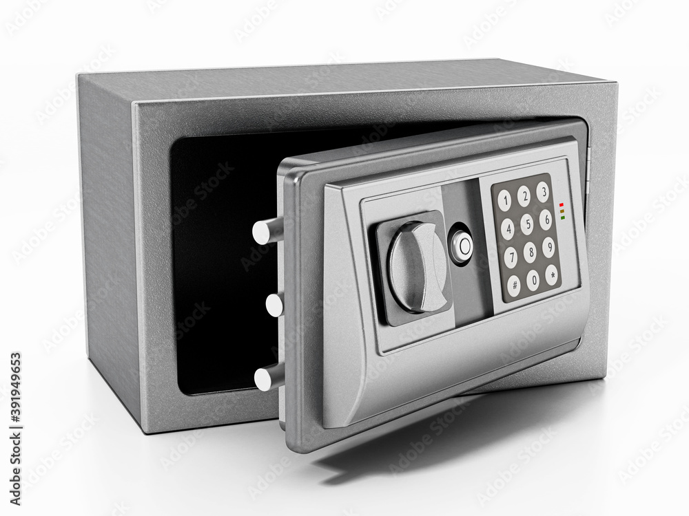 Steel safe with open door isolated on white background. 3D illustration Steel safe with open door isolated on white background. 3D illustration