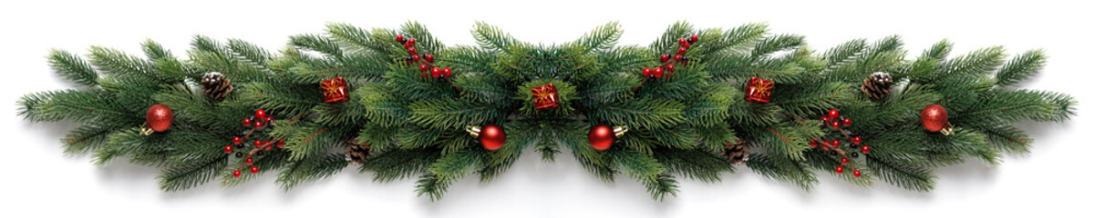 Extra wide Christmas border with fir branches, red balls, pine cones and other ornaments