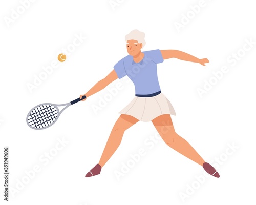 Elderly female tennis player in sportswear with racket. Active senior woman playing sports game. Flat vector cartoon illustration of sportswoman isolated on white background