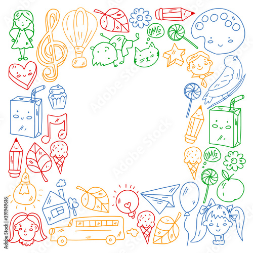 Vector pattern with items for school. Online internet education, e-learning.