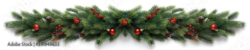 Extra wide Christmas border with fir branches  red balls  pine cones and other ornaments