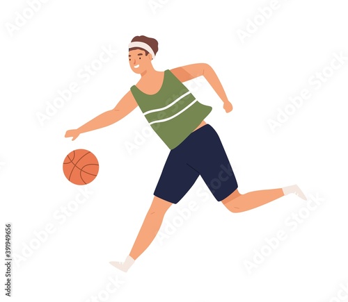 Female or male basketball player running with ball. Portrait of young athletic man or woman playing professional sport game. Flat vector cartoon illustration isolated on white background