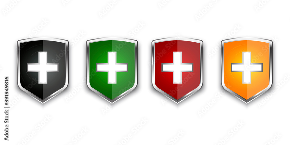 Colored shields crosses in 3d style. Shield protection. Protection icon vector. Flat button with colored shields crosses on white background.