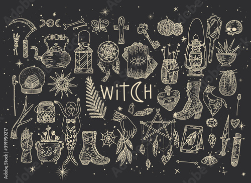Supernatural magic collection of magical elements. Witch's things, vintage retro engraving style, vector graphics