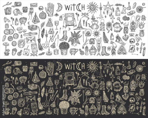 Supernatural magic collection of magical elements. Witch's things, vintage retro engraving style, vector graphics