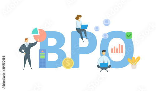 BPO, Business Process Outsourcing. Concept with keywords, people and icons. Flat vector illustration. Isolated on white background. photo