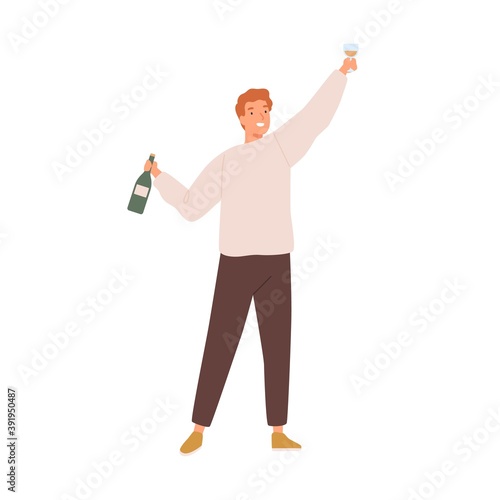 Young celebrating man holding a bottle of champagne and wine glass. Male char...