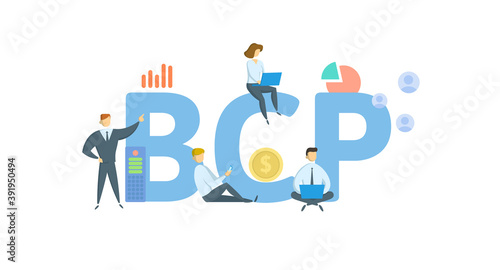 BCP, Business Continuity Plan. Concept with keywords, people and icons. Flat vector illustration. Isolated on white background.