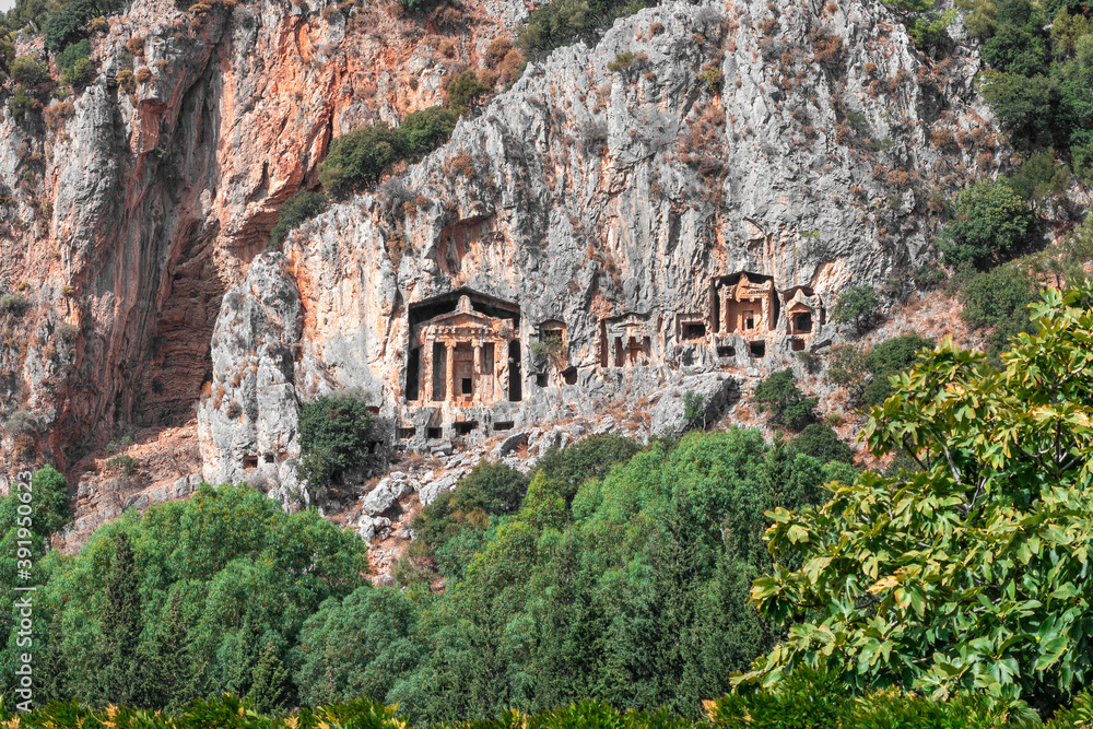 Tombs of ancient Lycian kings in the rock. Lycian tombs of ancient Kaunos town near Dalyan village in Mugla Province of Turkey