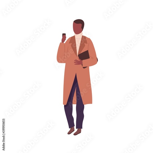 Stylish black skin man wearing casual coat and looking at cell phone. Male fa...