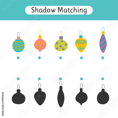 Shadow matching game for kids. Christmas theme. Find the correct shadow. Kids activity for preschool age