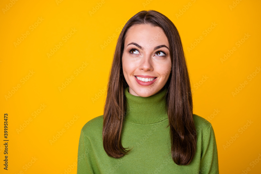 Close-up portrait of pretty curious dreamy cheerful girl overthinking copy space isolated over bright yellow color background Close-up portrait of pretty curious dreamy cheerful girl overthinking copy space isolated over bright yellow color background