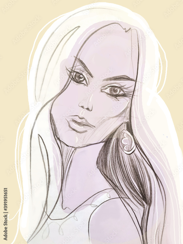 sketch of a woman whith long blond hair and earring sketch of a woman whith long blond hair and earring