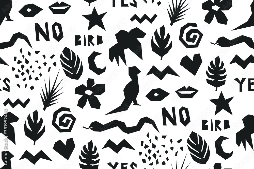 Seamless vector tropical pattern. Black silhouettes of wildlife elements background. For fabric, textile, cover, wrapping, web etc. 10 eps stylish exotic design. Seamless vector tropical pattern. Black silhouettes of wildlife elements background. For fabric, textile, cover, wrapping, web etc. 10 eps stylish exotic design.