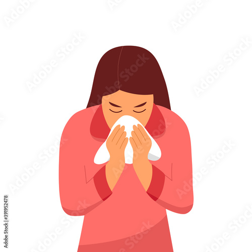 Sneezing woman concept vector on white background. A woman in pink dress sneezing in handkerchief. Sick woman sneeze. Season allergy. COVID-19 Coronavirus infection.