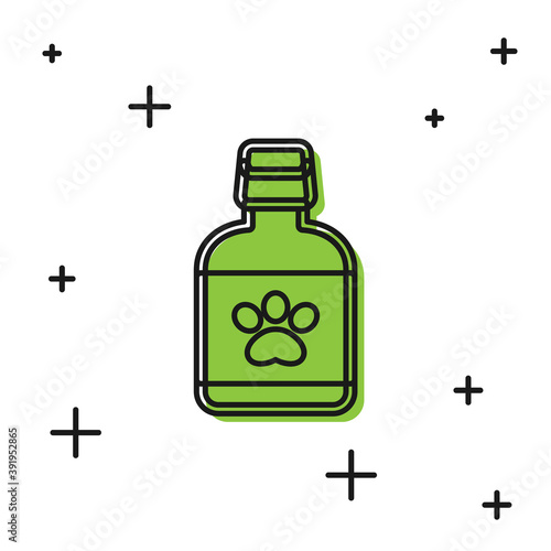 Black Dog medicine bottle icon isolated on white background. Container with pills. Prescription medicine for animal. Vector.