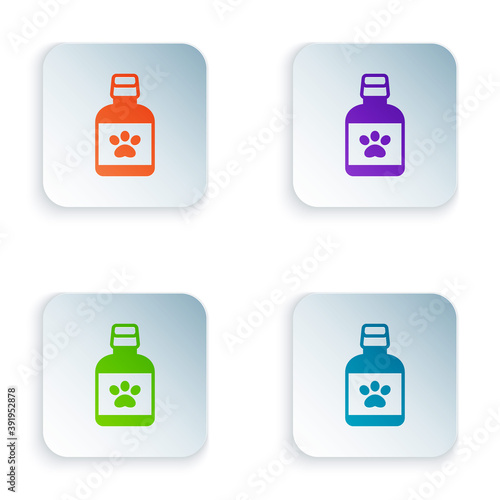 Color Dog medicine bottle icon isolated on white background. Container with pills. Prescription medicine for animal. Set colorful icons in square buttons. Vector.