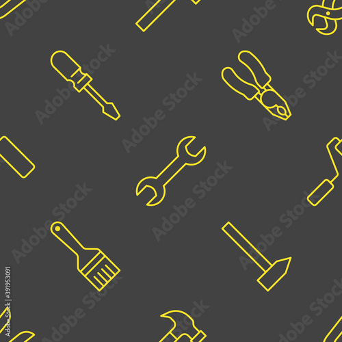 Building tools background, repair equipment seamless pattern with flat line icons of paintbrush, wrench, screwdriver, hammer and others. Construction works vector wallpaper illustration