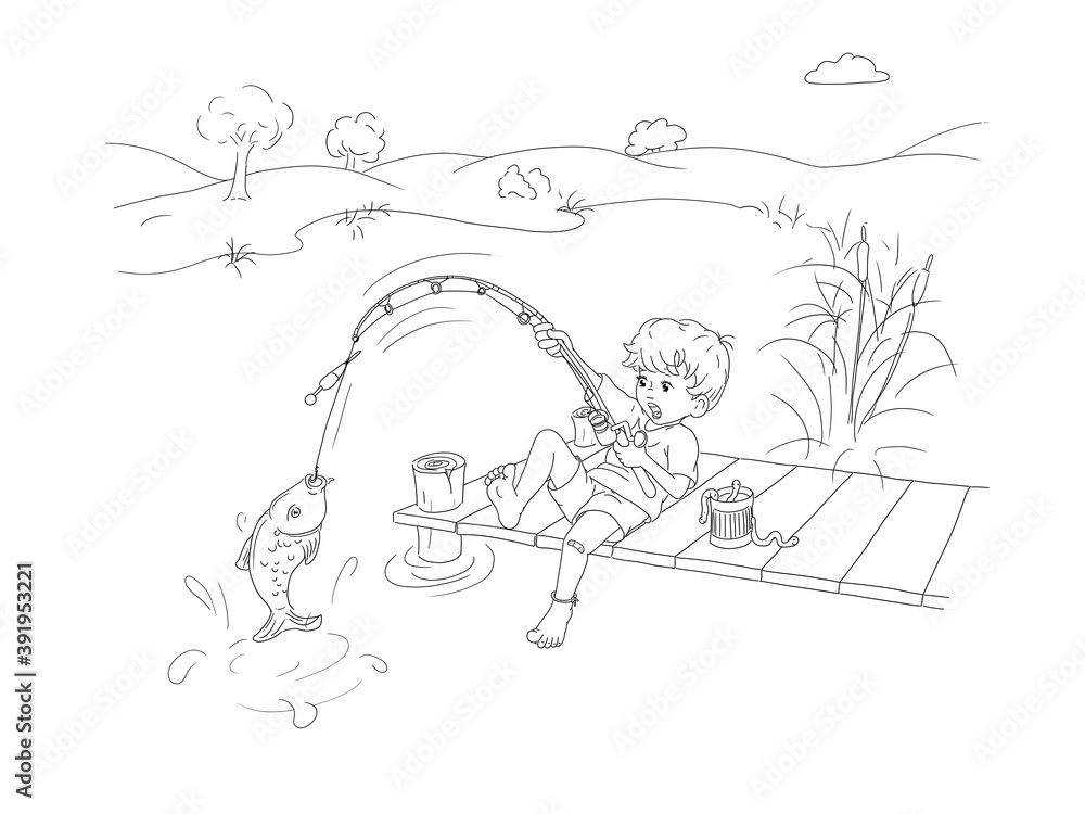 kleiner Junge angelt barfuß Pflaster auf Knie großer Fang Fisch an der