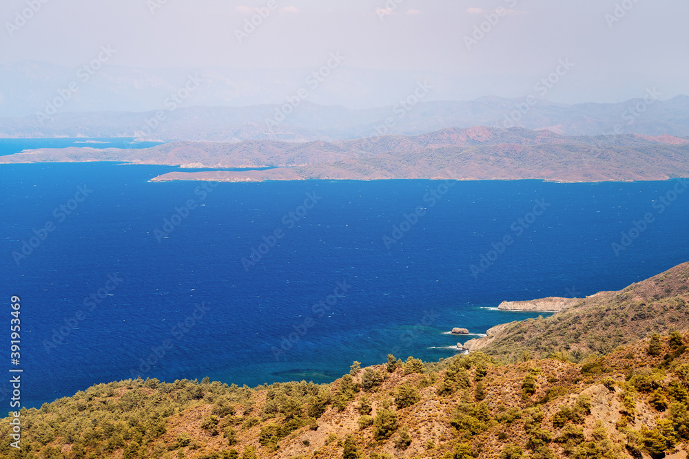 Scenic views of the Mediterranean sea and the Marmaris nature Park on the Datca Peninsula in Turkey