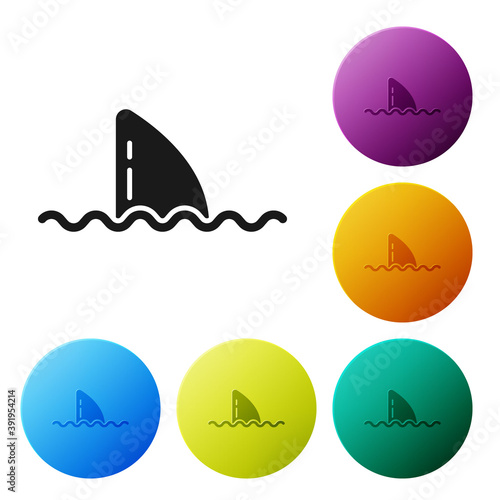 Black Shark fin in ocean wave icon isolated on white background. Set icons in color circle buttons. Vector.