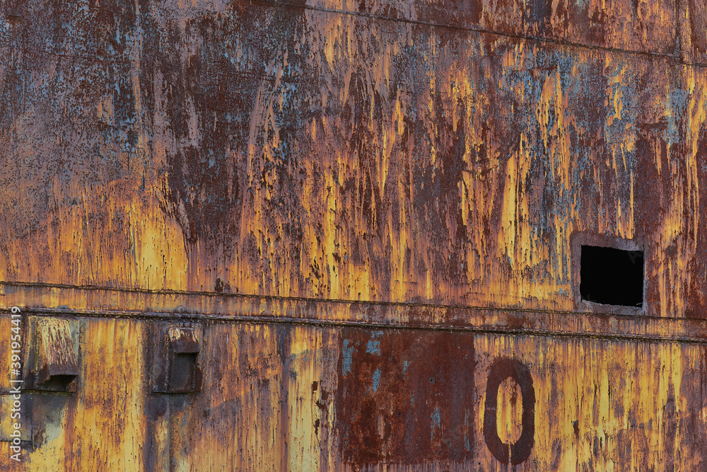 Old metal hangar door. Vintage grunge metal texture. Abstract metal