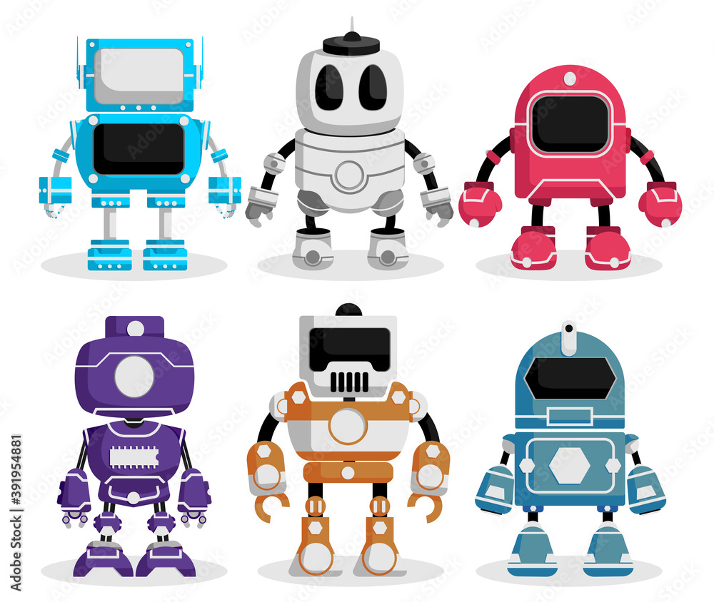 Robot vector characters set. Robotic character with futuristic technology  design for electronics fun and game robots cartoon collection. Vector  illustration. Stock-Vektorgrafik | Adobe Stock