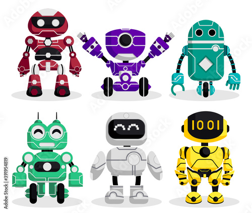 Robot characters vector set. Robotic character with modern technology cyborg and android robots design isolated in white background. Vector illustration. 
