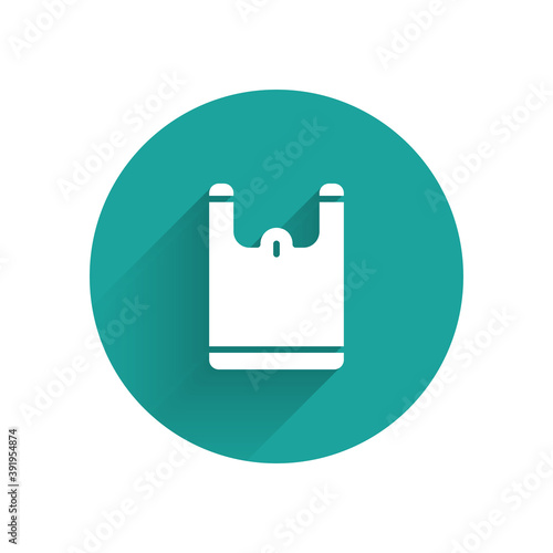 White Plastic bag icon isolated with long shadow. Disposable cellophane and polythene package prohibition sign. Green circle button. Vector.