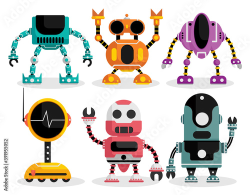 Robots vector characters set. Robot character with mechanical android robotic design for friendly toys collection isolated in white background. Vector illustration.
