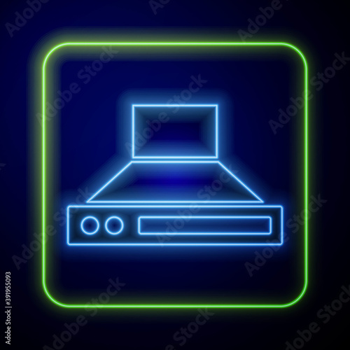 Glowing neon Kitchen extractor fan icon isolated on blue background. Cooker hood. Kitchen exhaust. Household appliance. Vector.