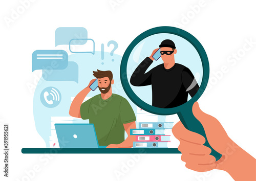 Online crime concept illustration, online social media fraud. A swindler and a thief are working at the computer. Vector flat illustration isolated on white background
